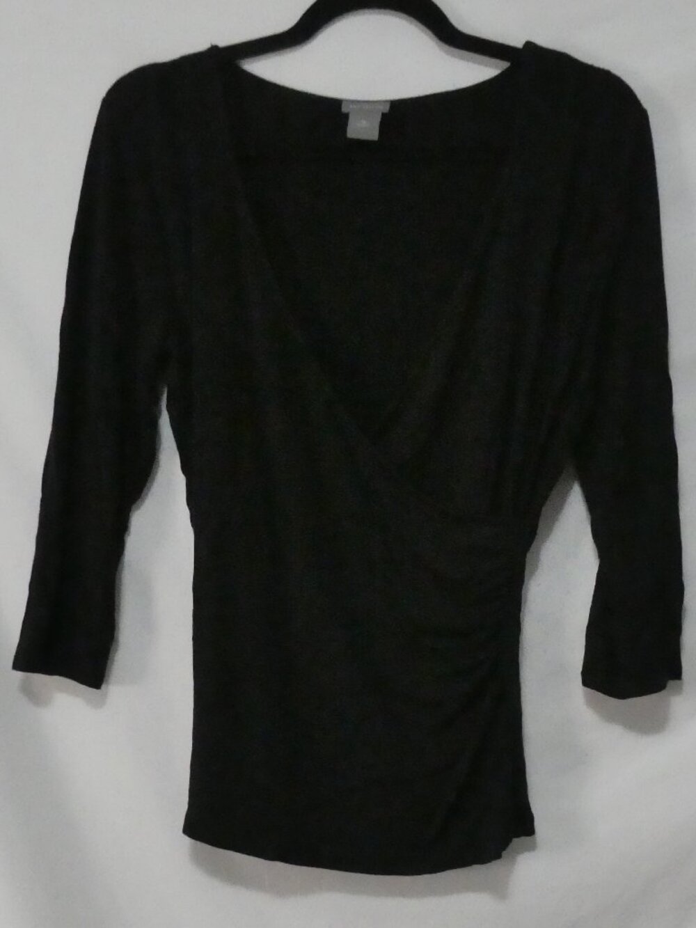 ANN TAYLOR Black Faux Wrap 3/4 Sleeve Ruched Knit Top - Size Medium